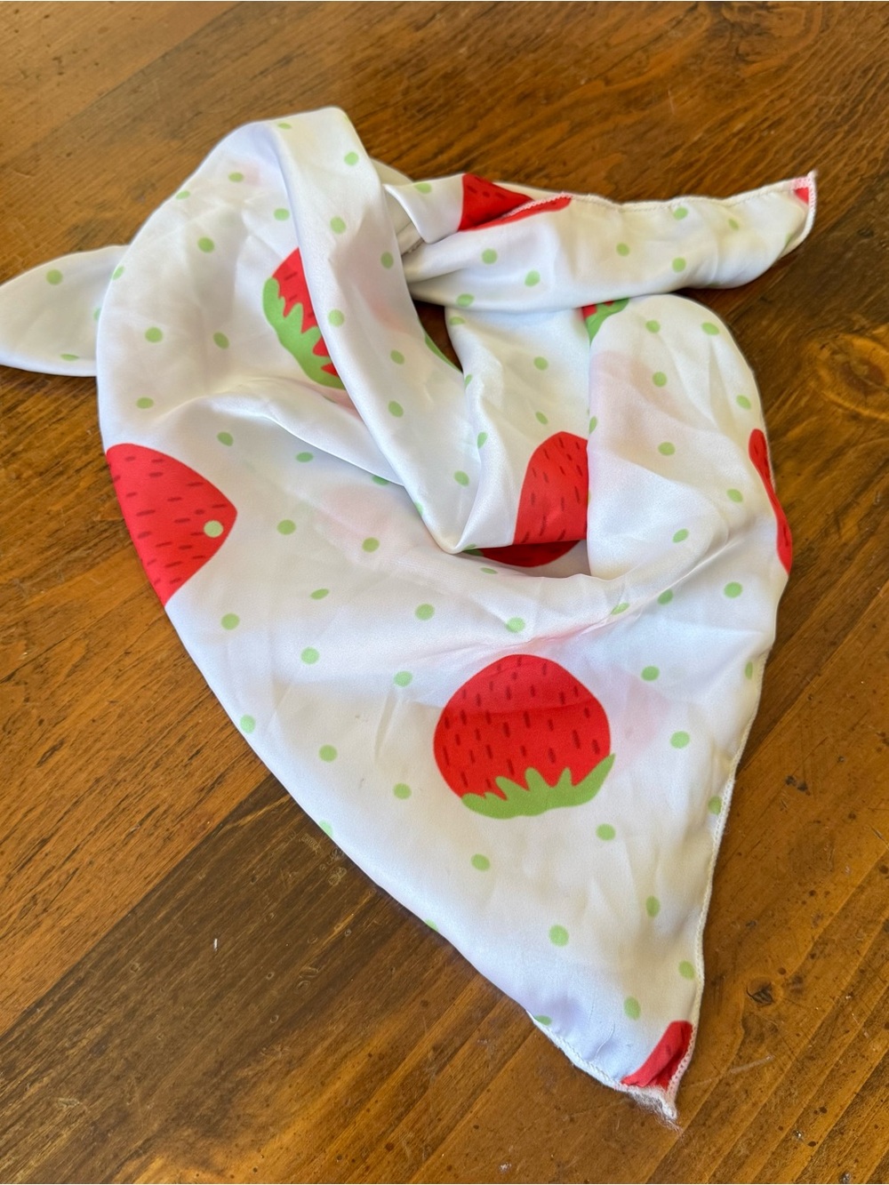 Satin Strawberry Print Scarf with Red Strawberries and Green Polka Dots